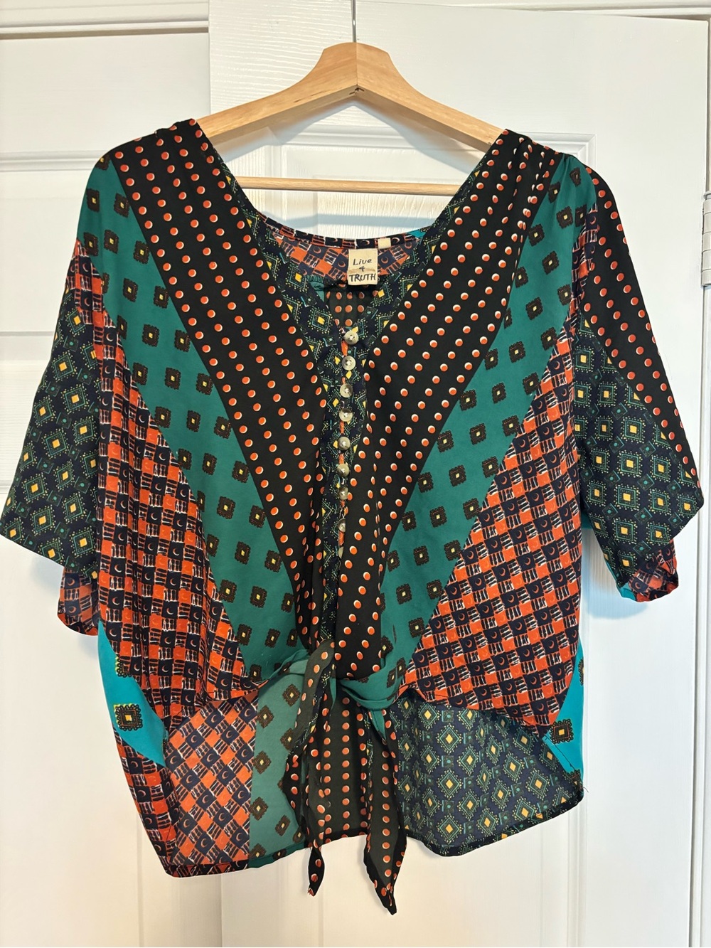 Live 4 Truth Teal, Orange & Black Tie-Front Printed Blouse
